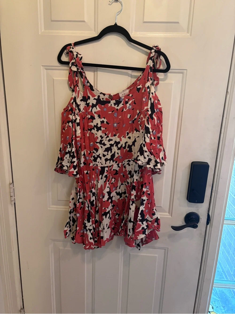 Free People Coral and Cream Floral Cold-Shoulder Mini Dress